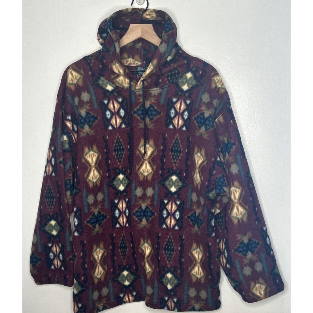 Vintage Santana Fleece Hoodie Medium Tribal Aztec 90s Pullover Cozy Cabin Core